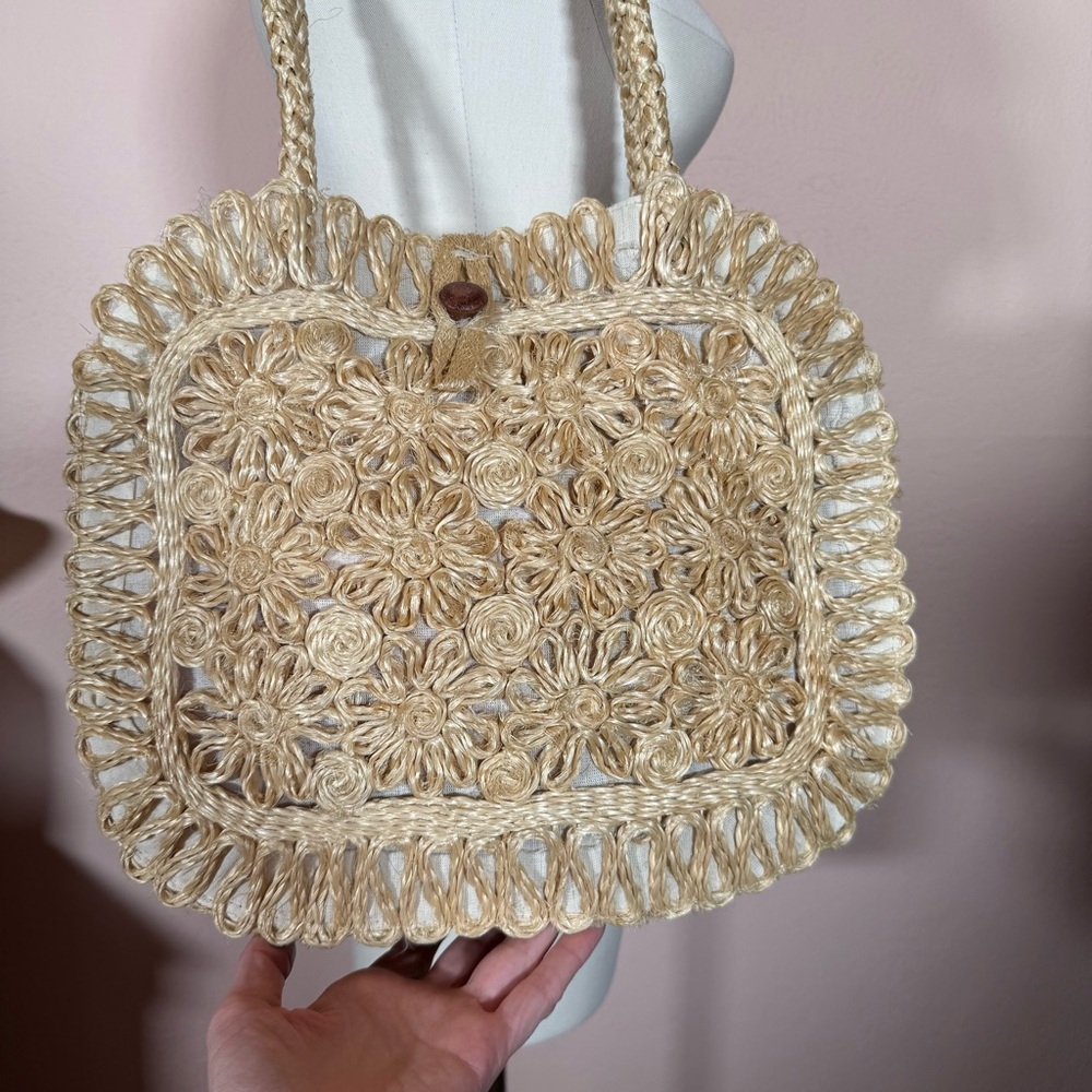 Vintage straw raffia cream flower beach tote Shoulder Bag Mediterranean girl